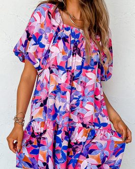 Purple Flower Print Short Puff Sleeve Ruffled Dress