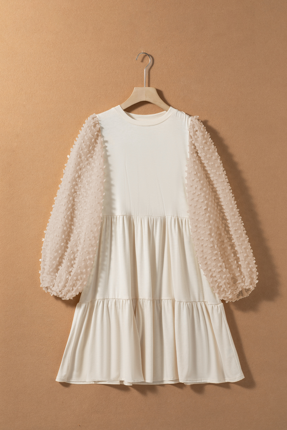 Beige Embellished Puff Sleeve Tiered A-line Dress - Image 6