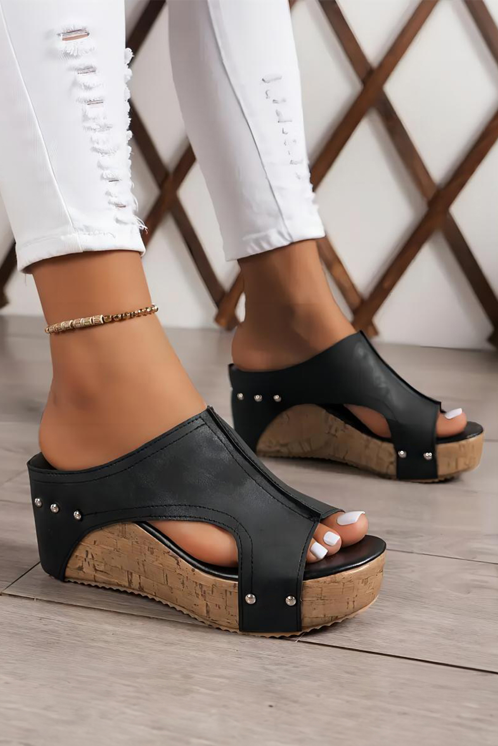 Black Hollow Out Studded PU Leather Wedge Slippers - Image 3
