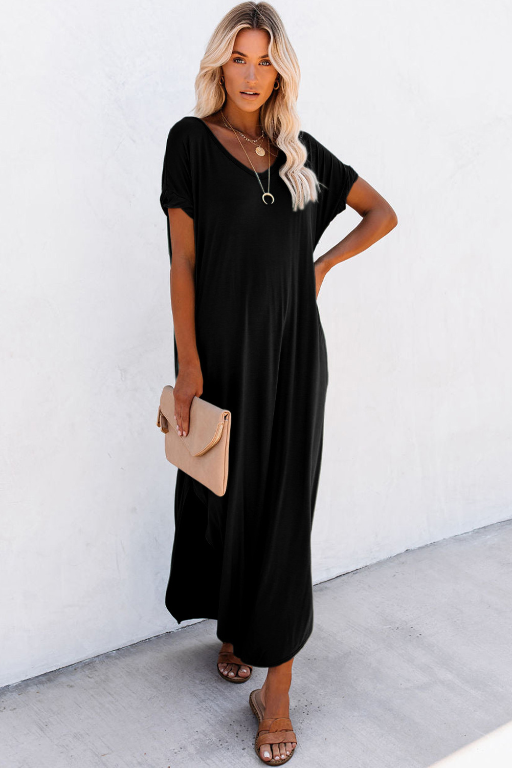 Black V Neck Hidden Pocket Splits Maxi T-shirt Dress - Image 4