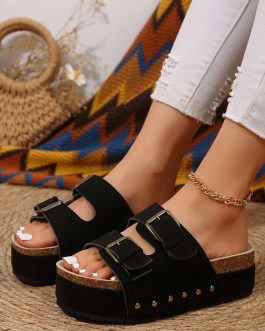 Black Suede Buckle Decor Footbed Sandal Slippers