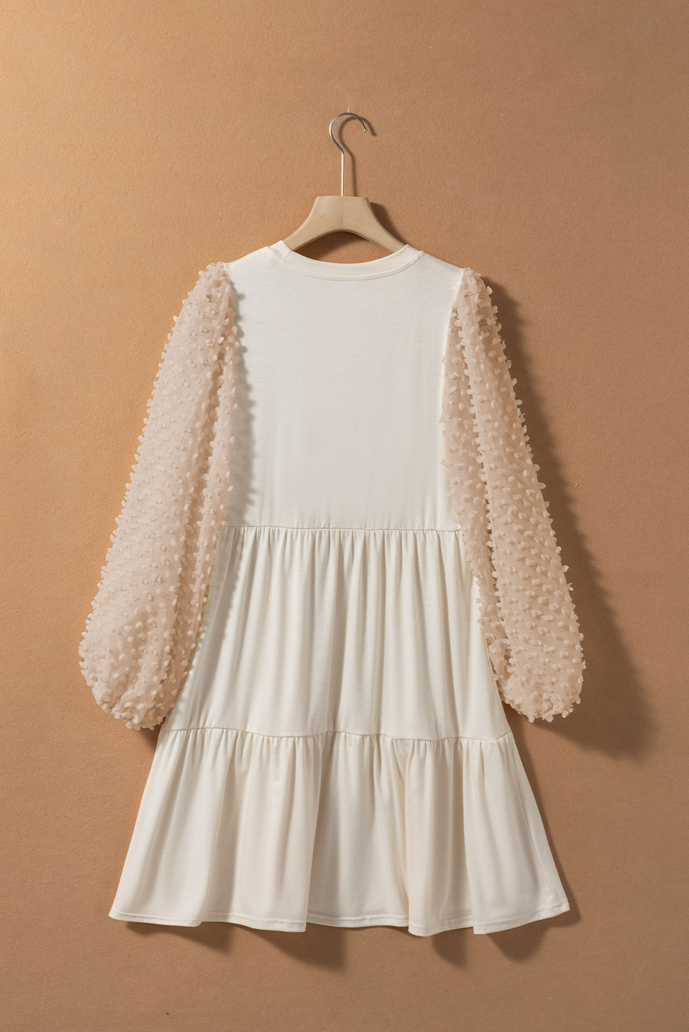 Beige Embellished Puff Sleeve Tiered A-line Dress - Image 7