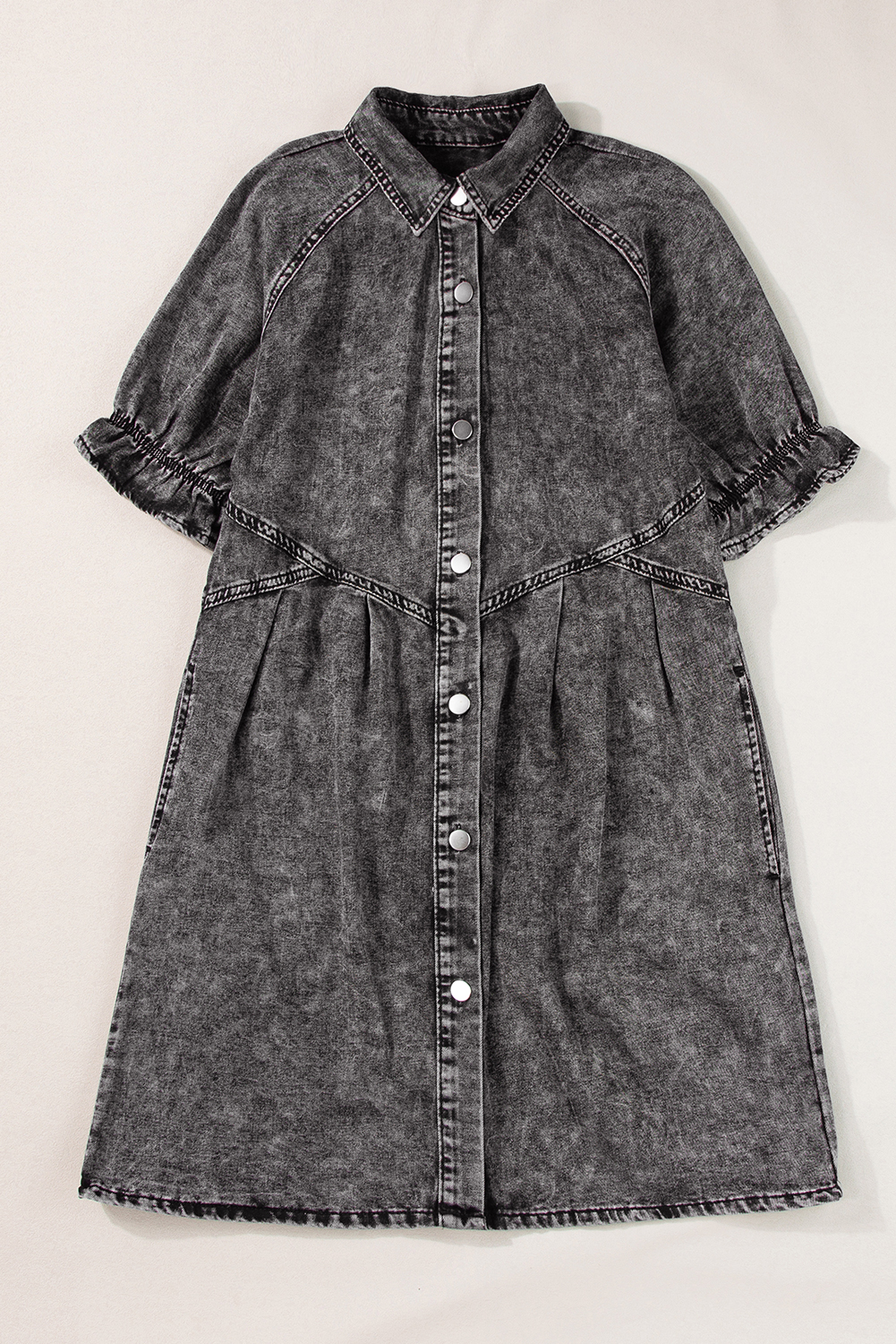 Medium Grey Mineral Wash Ruffled Short Sleeve Buttoned Denim Dress - Image 5