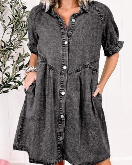 Medium Grey Mineral Wash Ruffled Short Sleeve Buttoned Denim Dress