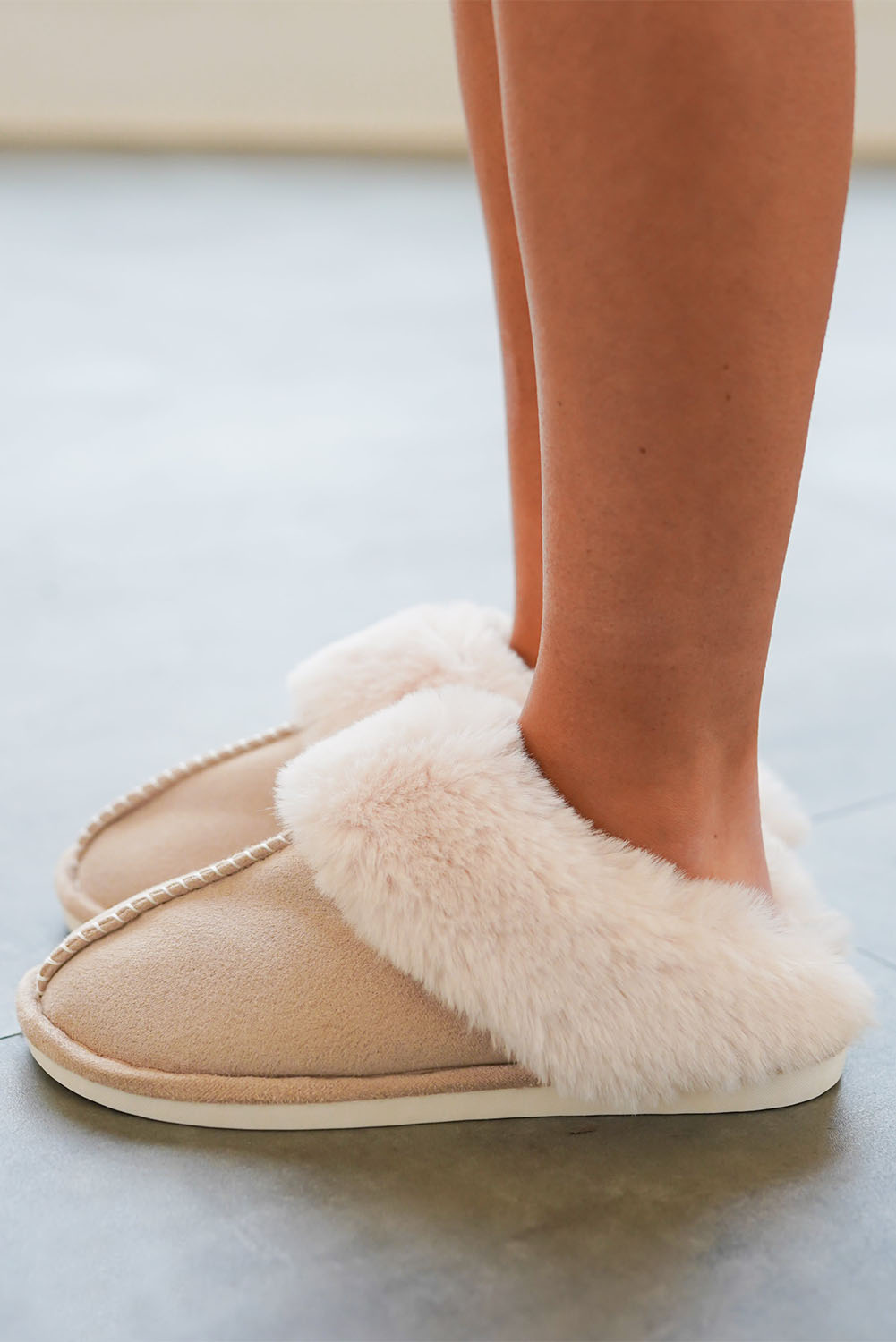 Khaki Cut and Sew Faux Suede Plush Lined Slippers - Image 2