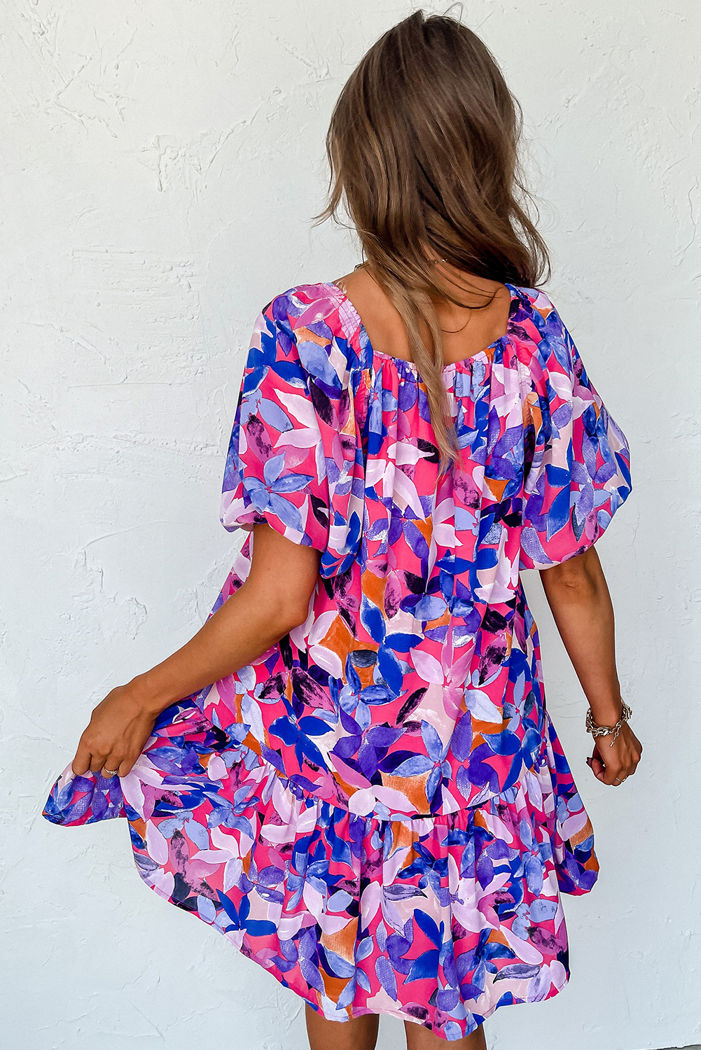 Purple Flower Print Short Puff Sleeve Ruffled Dress - Image 2