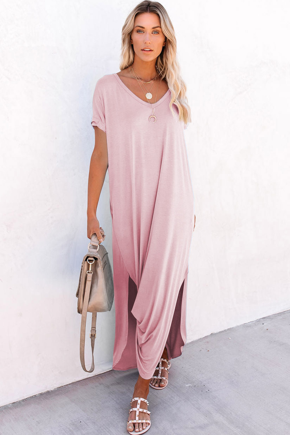 Pink V Neck Hidden Pocket Splits Maxi T-shirt Dress - Image 3