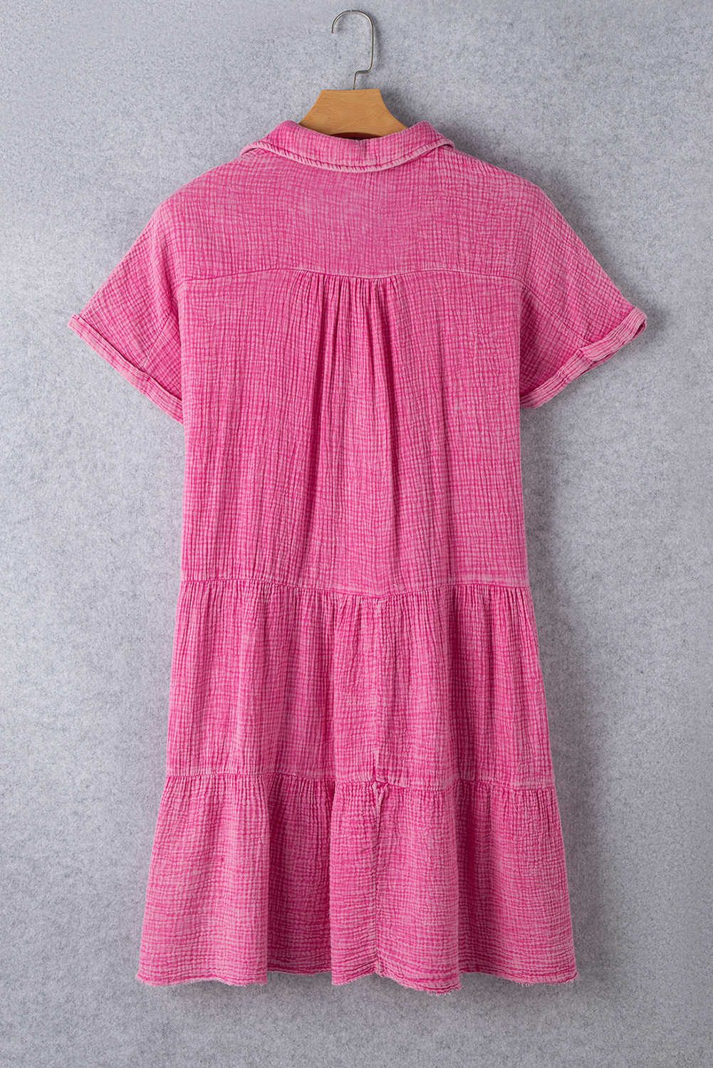Strawberry Pink Mineral Wash Crinkle Split Neck Raw Hem Tiered Dress - Image 7