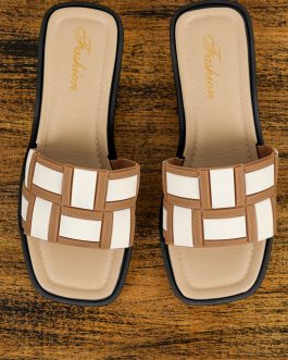 Beige Two Tone Contrast PU Leather Square Toe Slippers