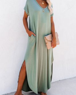 Grass Green V Neck Hidden Pocket Splits Maxi T-shirt Dress