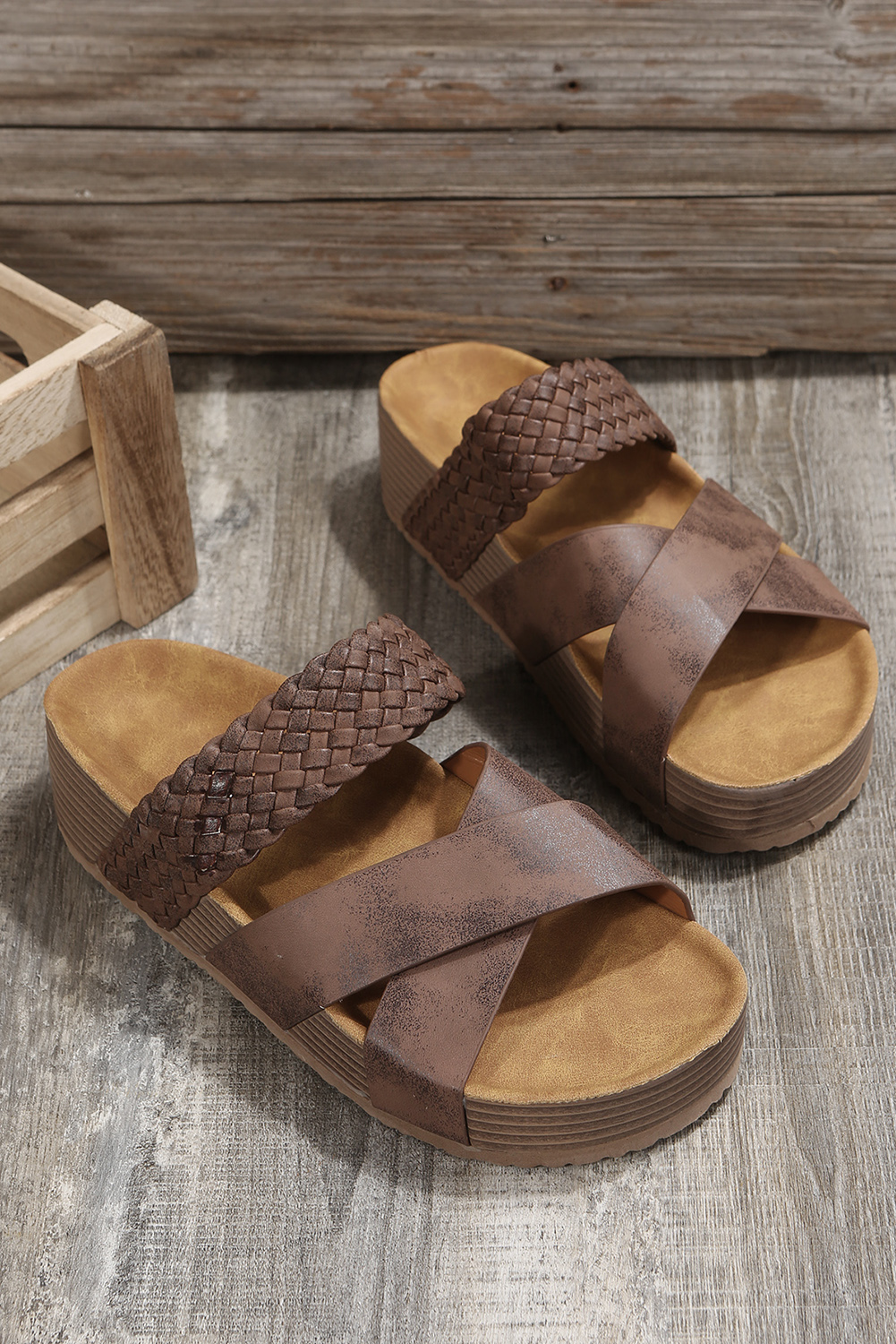 Brown Braided Detail Criss Cross Platform Slippers - Image 4