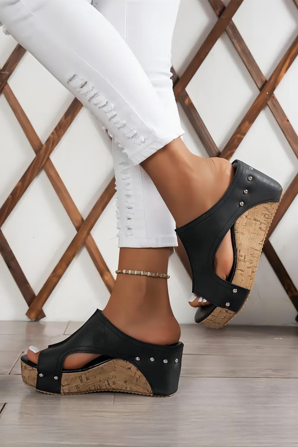 Black Hollow Out Studded PU Leather Wedge Slippers - Image 4