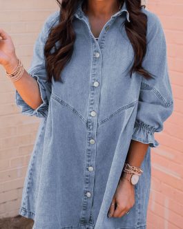Sky Blue Buttoned Long Sleeve Denim Mini Dress