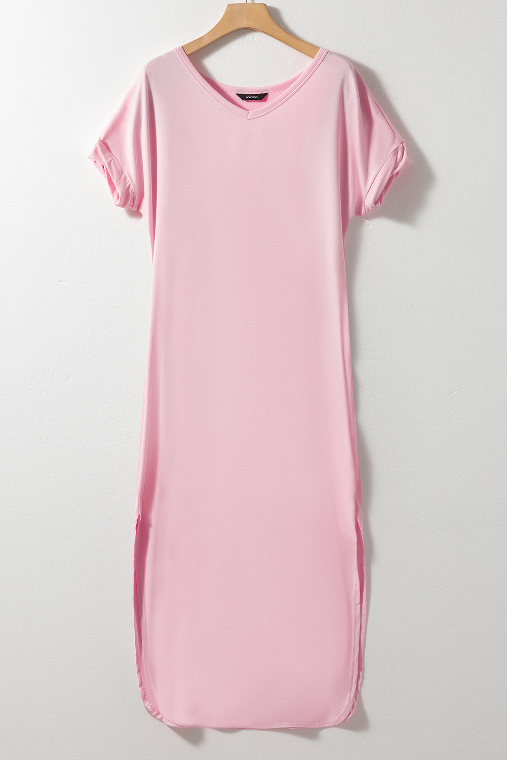 Pink V Neck Hidden Pocket Splits Maxi T-shirt Dress - Image 4