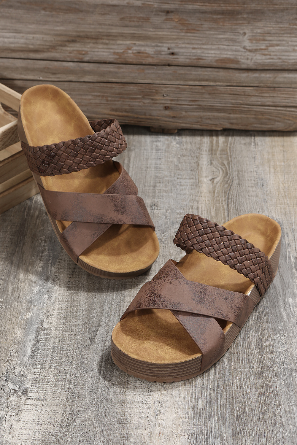 Brown Braided Detail Criss Cross Platform Slippers - Image 5
