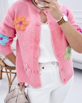 Pink Cute Knitted Floral Pattern Button Up Cardigan