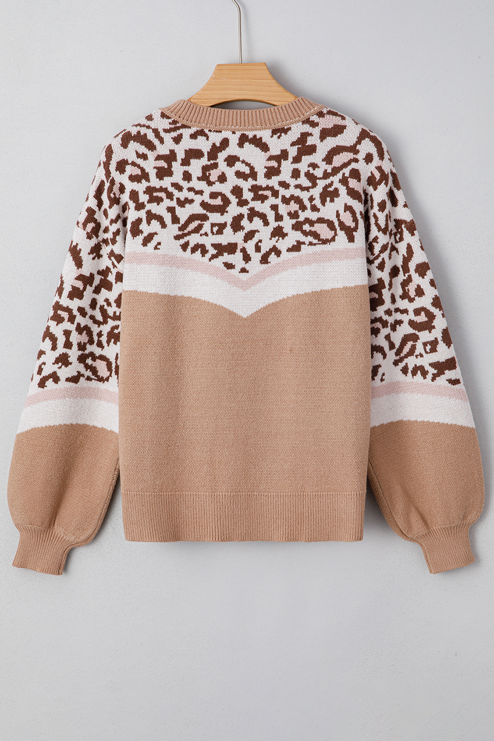 Straw Yellow Leopard Color Block Knit Round Neck Baggy Sweater - Image 4
