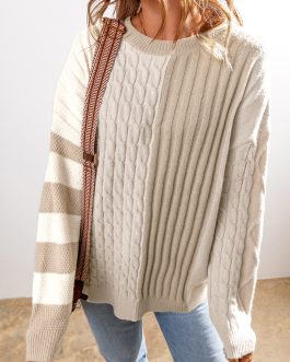 Khaki Cable Knit Colorblock Crew Neck Drop Shoulder Sweater