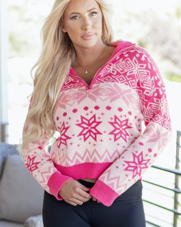 Rose Red Christmas Snowflake Quarter Zip Collard Sweater