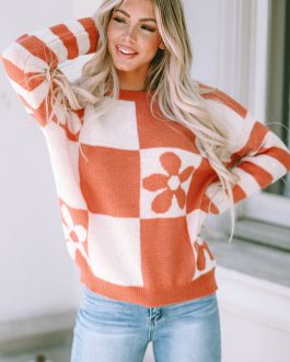 Brown Checkered Floral Print Striped Sleeve Sweater