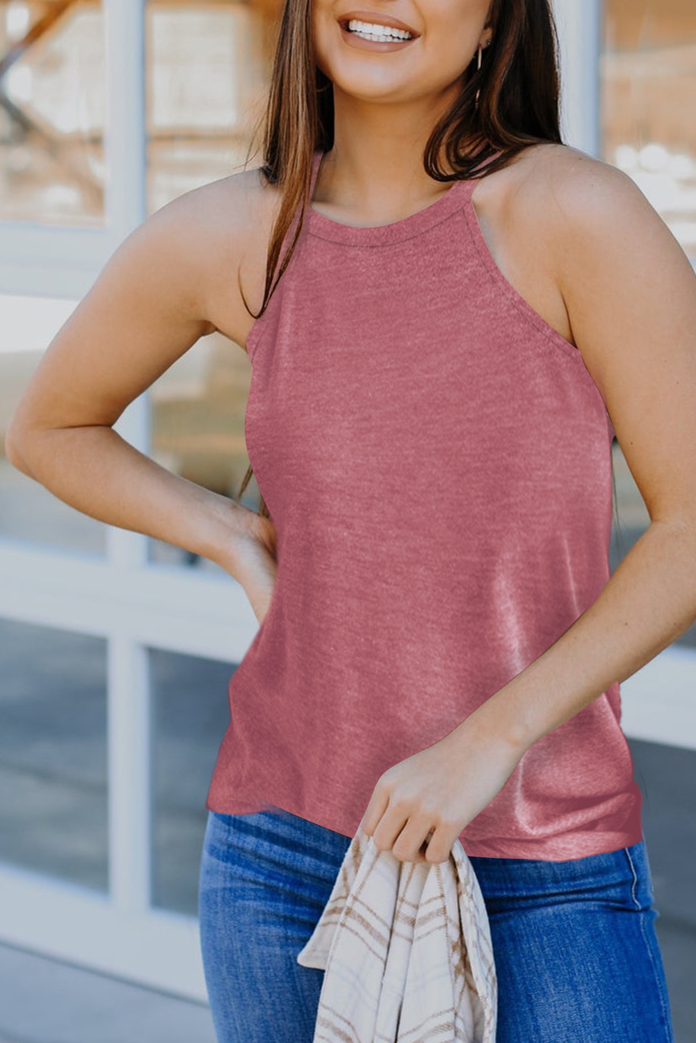 Pink Solid Color Crew Neck Tank Top - Image 4