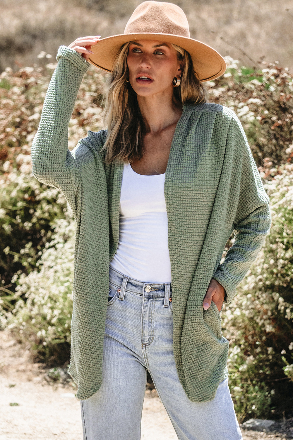 Laurel Green Waffle Knit Open Front Cardigan - Image 4