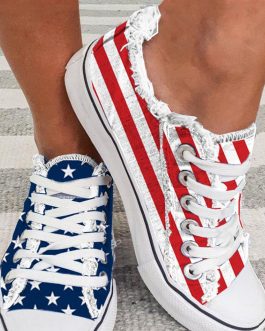 Blue American Flag Lace-up Canvas Flat Shoes