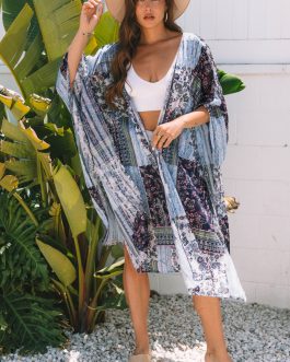 Blue Retro Floral Print Long Loose Open Front Kimono