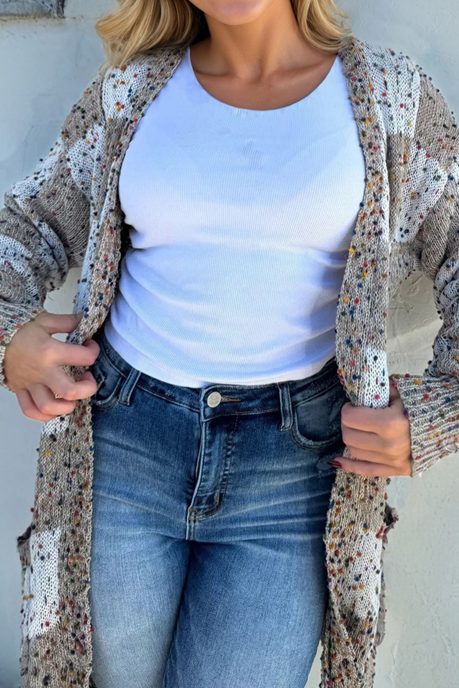 Brown Confetti Dot Checkered Print Open Cardigan with Pockets - Image 11