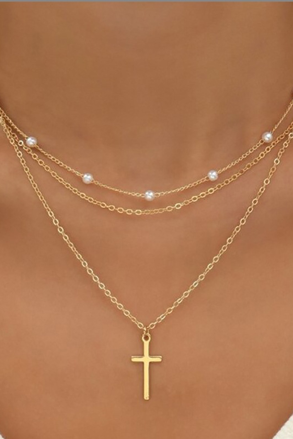 Gold Plated Cross Pendant Pearl Decor Triple Layer Chain Necklace - Image 5