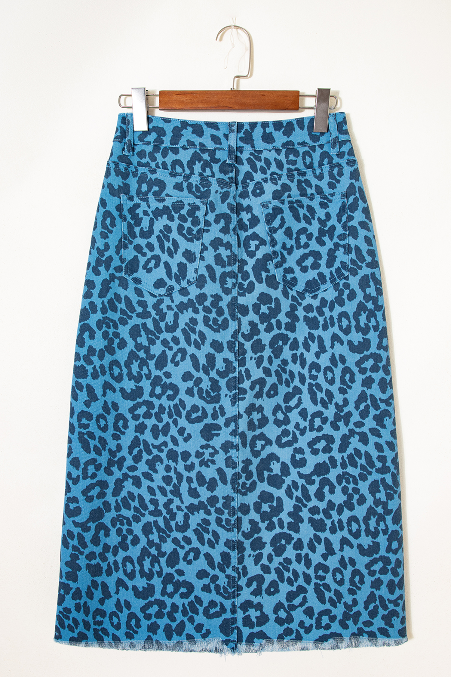 Sky Blue Leopard Denim Frayed Split Denim Midi Skirt - Image 8
