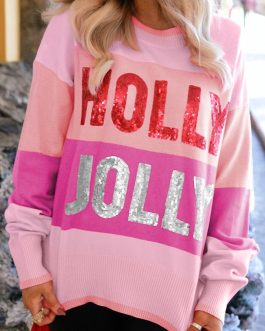 Pink Sequined HOLLY JOLLY Color Block Crew Neck Sweater