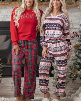 Black Retro Christmas Pattern Loose Pullover 2pcs Lounge Pant Set