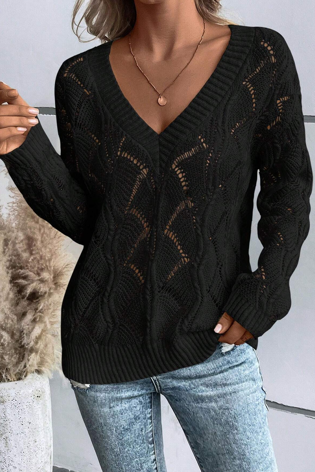 Black Hollow Out Knit V Neck Drop Shoulder Sweater - Image 4