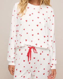 Fiery Red Tiny Hearts Printed Long Sleeve Top Drawstring Lounge Pant Set