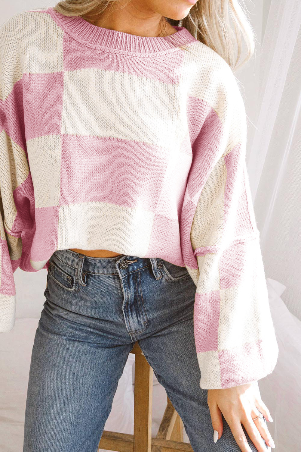 Pink Checkered Bishop Sleeve Sweater - Image 4