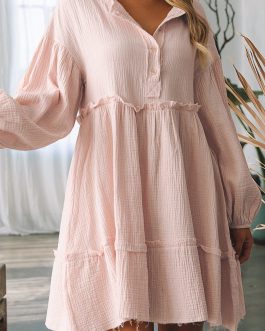 Oatmeal Crinkle Distressed Puff Sleeve Flared Dress