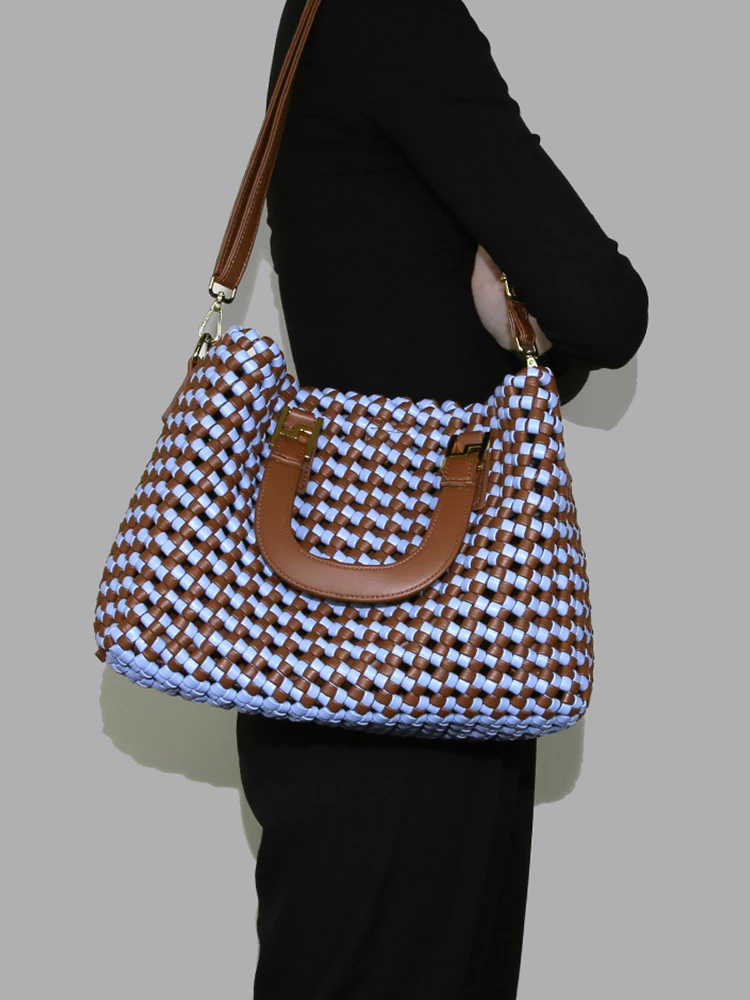 Soft Leather Woven Shoulder Bag Large Fashion Tote Bag Women Top Handle Handbags 2 Pcs Set Luxury Design Crossbody Bag - Image 5