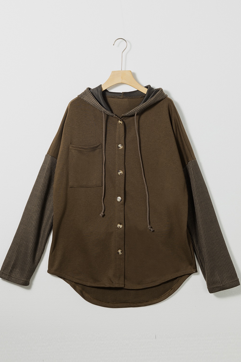 Dark Brown Button Up Contrast Knitted Sleeves Hooded Jacket - Image 3