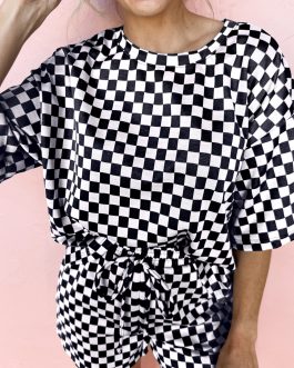 Black Checkered Top and Short Casual 2pcs Set