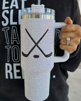 Silvery Hockey Game Day Rhinestone 40 Oz Tumbler with Handle