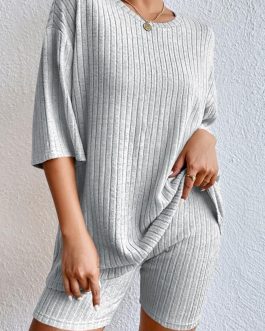 Gray Plain Ribbed Loose Fit Two Piece Lounge Set