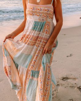 Multicolor Boho Patchwork Print Square Neck Sundress