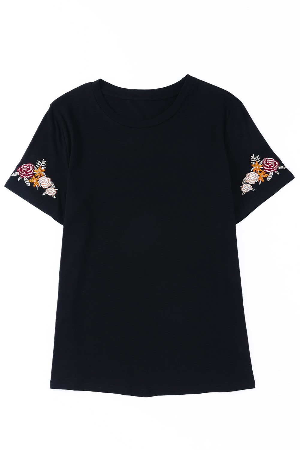 Black Floral Embroidered Round Neck Short Sleeve T Shirt - Image 7
