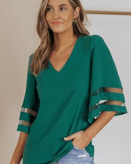 Green Flare Sleeve V Neck Loose Blouse