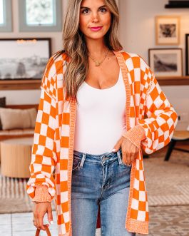 Orange Checkered Open Front Drop Shoulder Cardigan