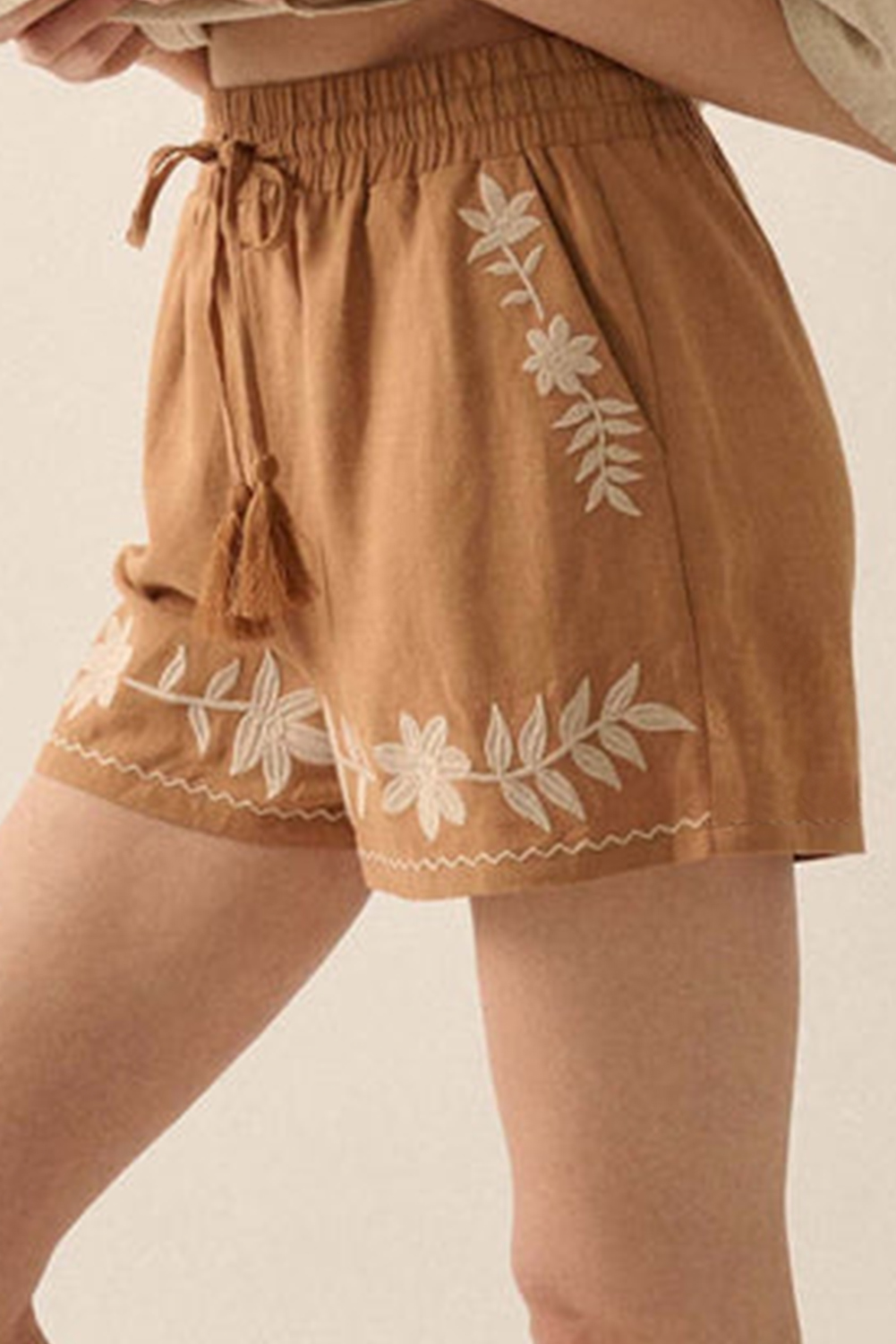 Khaki Embroidered Boho Tasseled Drawstring Elastic Waistband Casual shorts - Image 3