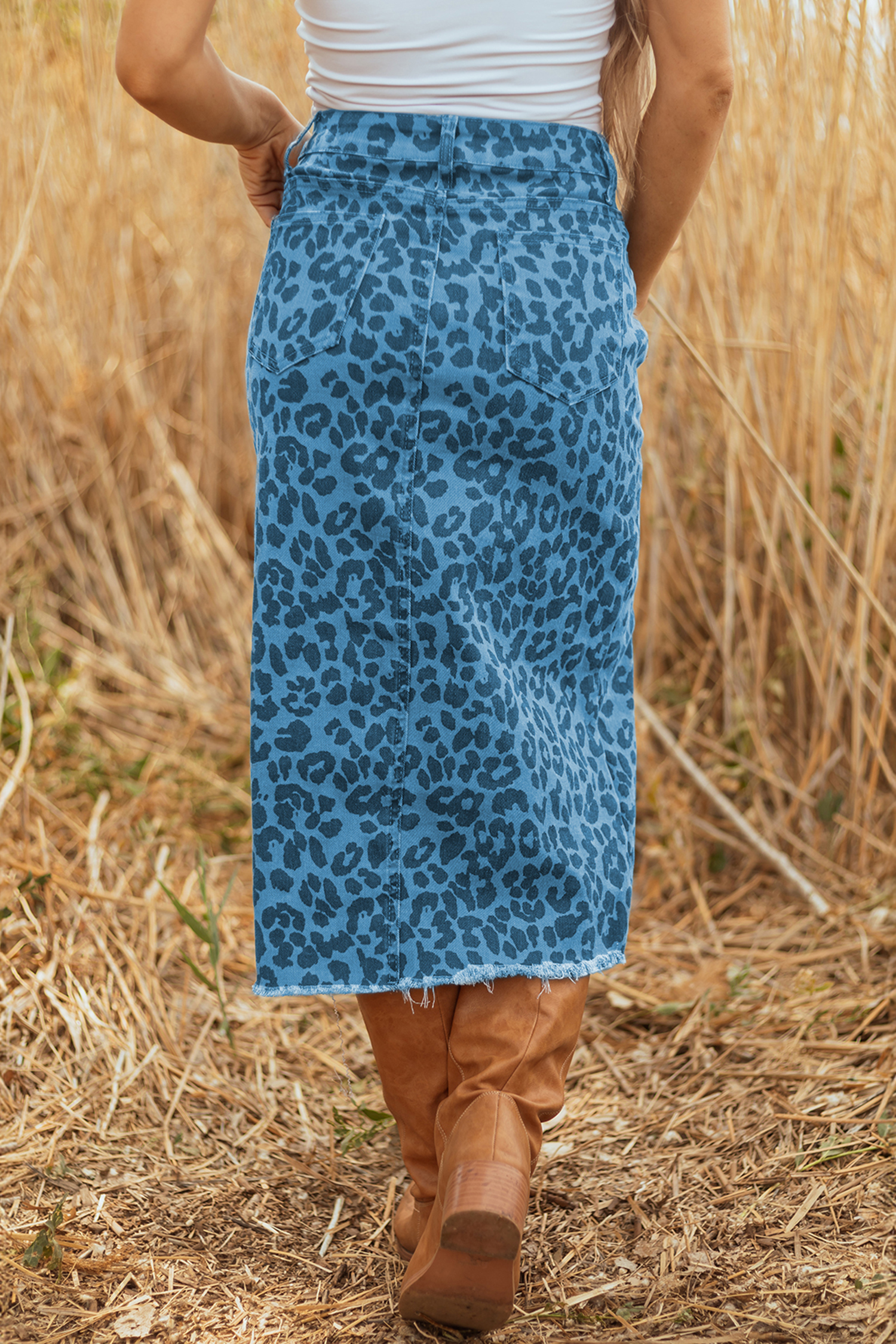 Sky Blue Leopard Denim Frayed Split Denim Midi Skirt - Image 2