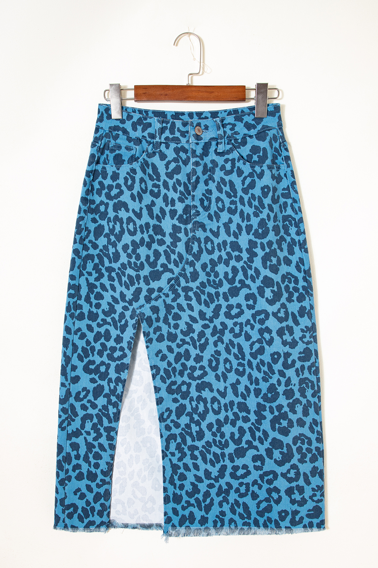 Sky Blue Leopard Denim Frayed Split Denim Midi Skirt - Image 7