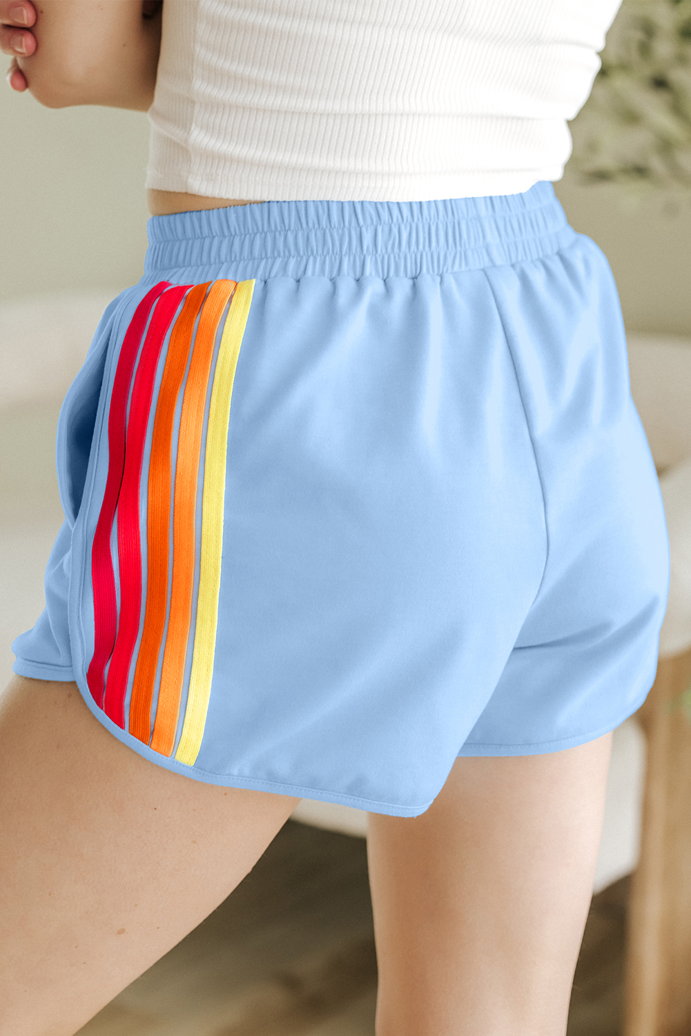 Beau Blue Color Block Stripes Elastic High Waist Active Shorts - Image 3